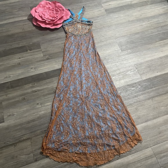 Vtg RIVA DESIGNS Y2K Orange/Blue Beaded Sheer Lace Gown HOCO Evening Prom Sz 0 - Picture 10 of 16